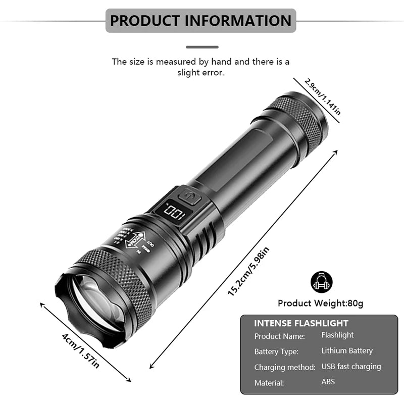 Lampe Torche LED Rechargeable Zoomable avec Écran LCD - 3 Modes Étanche Haute Puissance pour Camping et Extérieur